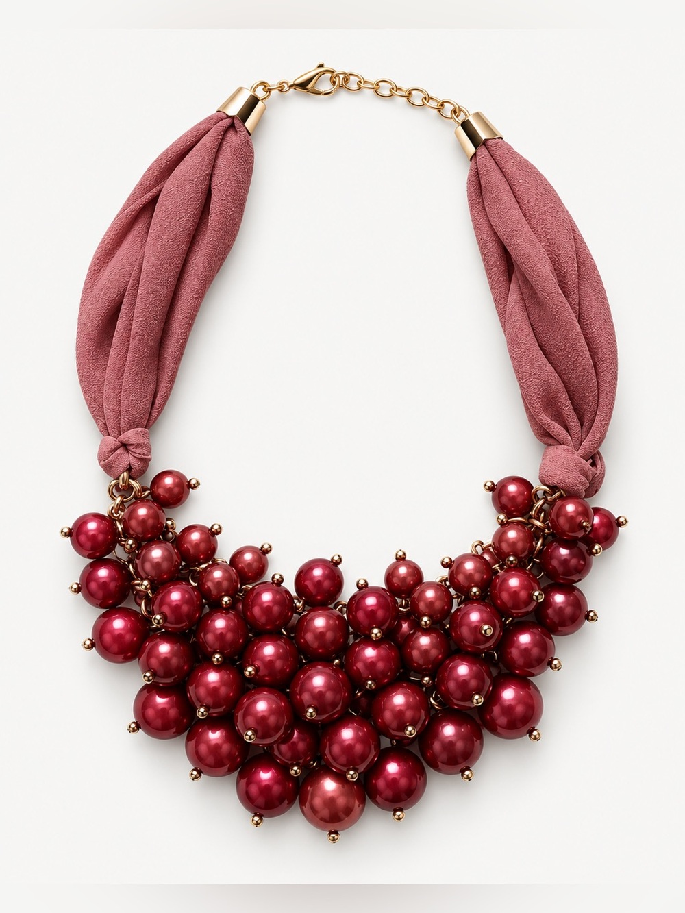Vintage Copper-Orange Beaded Statement Bib Necklace with Fabric Ties Gold Tone
